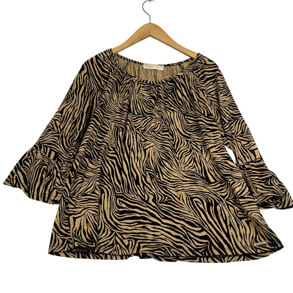 Michael Michael Kors Zebra Print Bell Sleeve Blouse Tan Black Scoop Neck Top